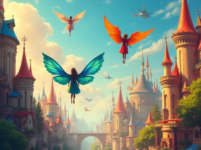 Vibrant cityscape during daytime. People with various wings soar through the sky. Colorful buildings with elegant spires and whimsical designs. Sky-bridges connect floating elements. Atmosphere of wonder and joy. Fantasy art style with detailed illustration.