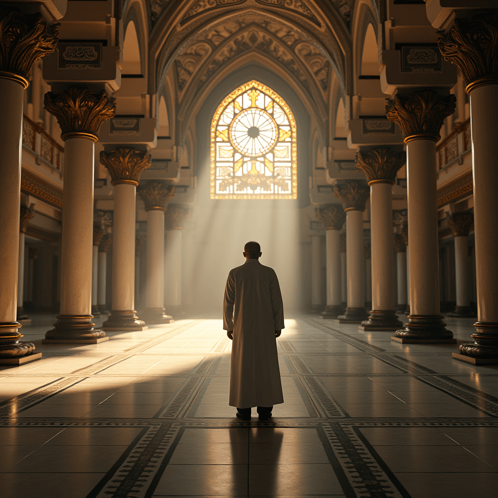 A lone figure stands in a grand, ornate hall filled with tall, elaborately decorated columns and intricate archways. The architecture exhibits a classical style with detailed embellishments. The hall is lit by natural light streaming through a large, circular stained glass window at the far end, casting colorful patterns on the floor. The figure is wearing a long, white garment, adding to the serene and contemplative atmosphere. Sunrays create a dramatic play of light and shadow, enhancing the ethereal ambiance of the space.