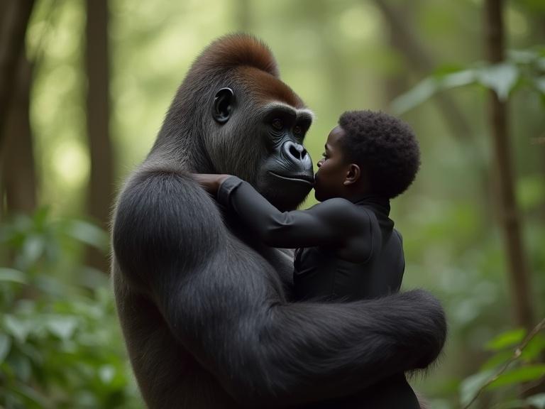A black man gently holding a growing gorilla in a forest sanctuary with warm tones depicting a real bond