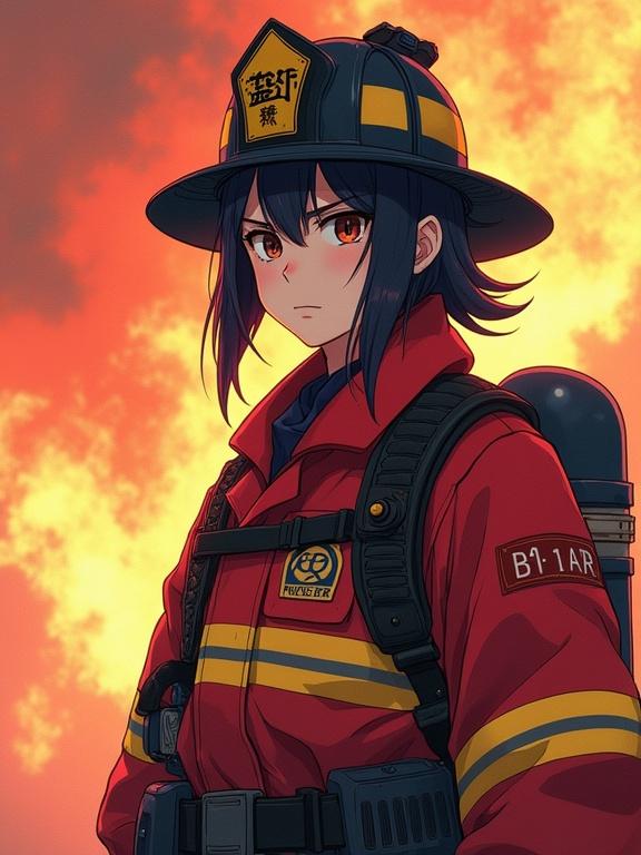 Anime-style drawing features a firefighter dressed in samurai-inspired uniform. The character stands confidently against a fiery backdrop. The outfit is red with yellow stripes. The character embodies bravery and dedication to duty.