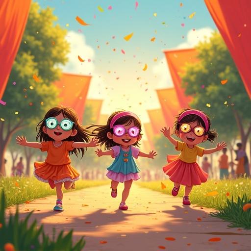 Illustration of kids in a vibrant park shooting confetti. Four adventurous girls around four years old enjoying a warm light scene with a sunset sky. Kids in colorful costumes run joyfully, wearing playful headbands and light-up goggles. Background features large fabric flags and artistic installations, creating a festival spirit.