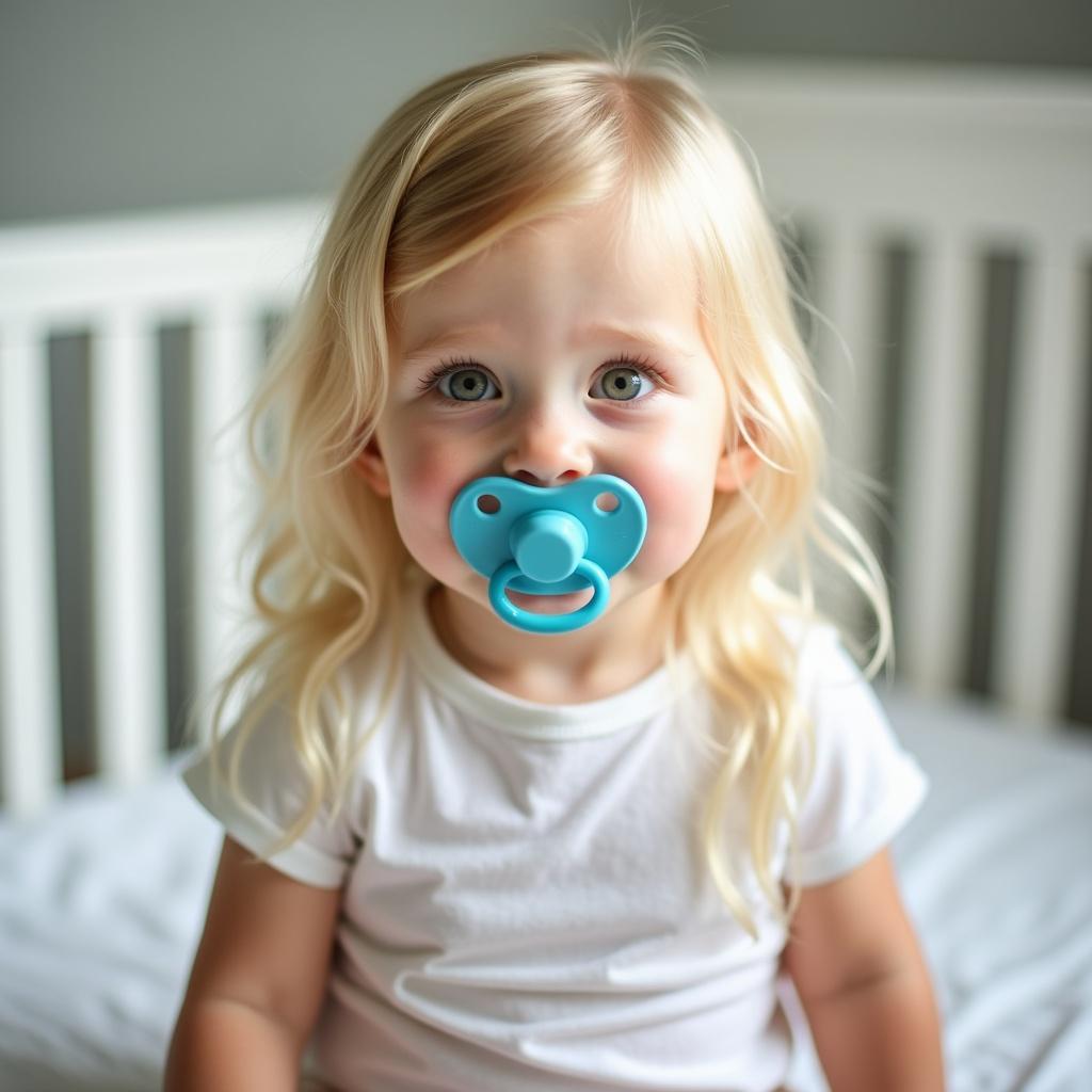 A seven-year-old girl with long blonde hair is sitting in a white crib. She has mesmerizing emerald green eyes and is wearing a simple white t-shirt. A blue pacifier is comfortably placed in her mouth. The soft natural light enhances her calm expression, making the scene feel serene. The crib is cozy, contributing to the gentle atmosphere of the image.