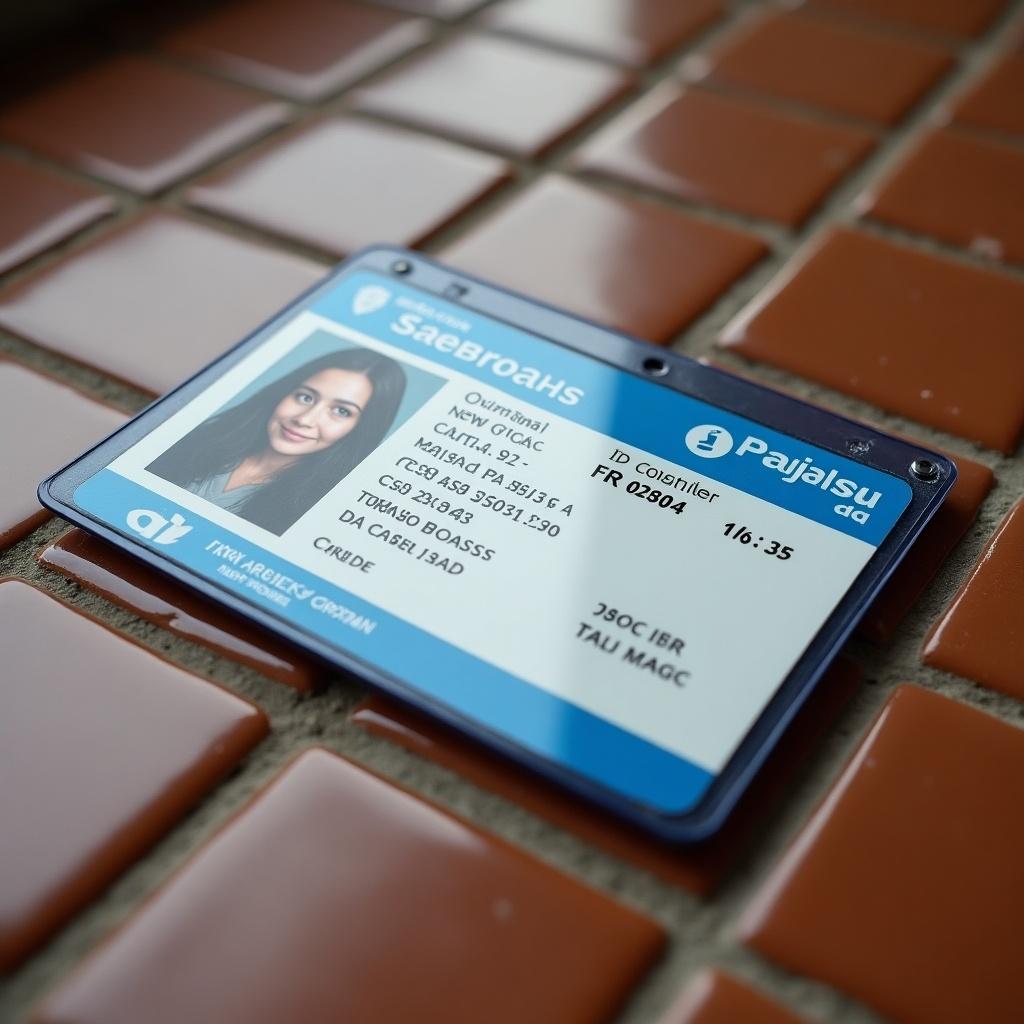 ID card placed on a surface of square tiles. Card features blue and white sections with personal information. Tiles beneath the card are brownish. Light illuminates the card, making details clear. Composition provides context with tiled background. Suitable for discussions about identification or security.