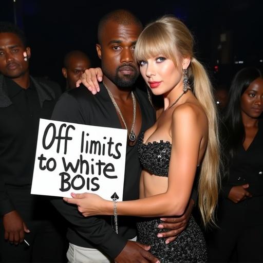 Taylor Swift and Kanye West in a nightclub scene. Woman has long blonde hair and blue eyes. She wears a bikini top and miniskirt. The woman holds a sign saying 'off limits to white bois'. The man is a black rapper. They stand close together. Another black man is behind them.