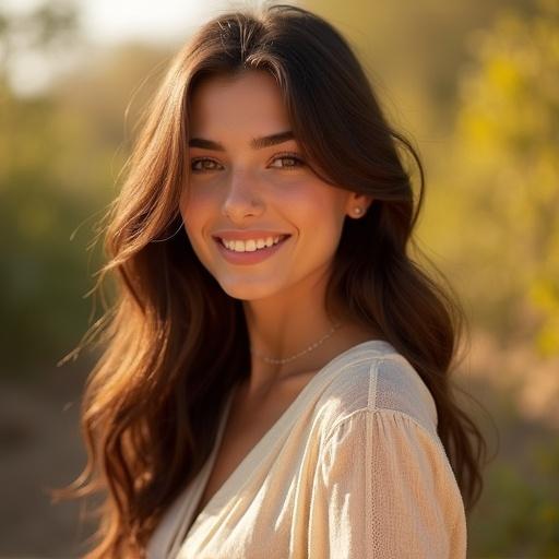 Realistic portrait of a beautiful girl with a happy expression. Slim figure and long brown hair. Stylish yet modest clothing. Bright warm background suggests a fresh lifestyle.
