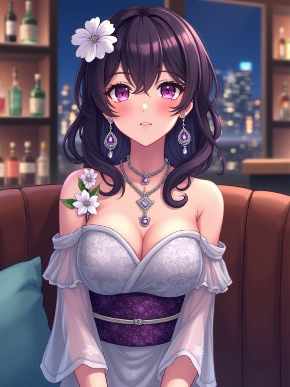 Anime-style illustration of a woman with wavy dark purple hair and purple eyes. She has a delicate white floral hair accessory. Wearing an off-the-shoulder light grey dress with floral patterns and translucent sleeves, cinched with a purple obi-style sash. Accessorized with a silver necklace and drop earrings. A white rose is on her shoulder. Seated on a brown sofa with a light blue cushion in a dimly lit bar. Background shows bottle shelves and city lights outside a window.