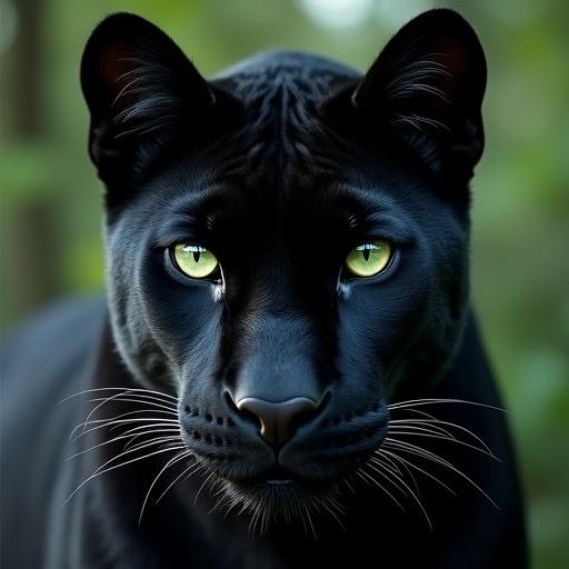 A black panther's head featuring piercing green eyes set against a cosmic nature background. Image conveys confidence and determination.