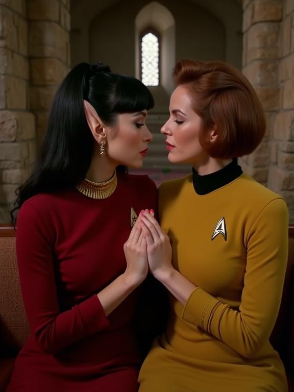 Photograph shows two women in an intimate setting. One woman is a Vulcan with long dark hair and red uniform. The other woman has short auburn hair and wears a yellow uniform. They share a close moment in a stone medieval-style interior with warm lighting.