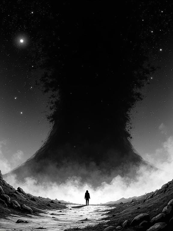 Comic-style illustration features a lone figure standing under a vast starry sky. A massive dark shadow looms overhead. The artwork uses a monochrome palette with heavy ink lines and dramatic shading for impact.