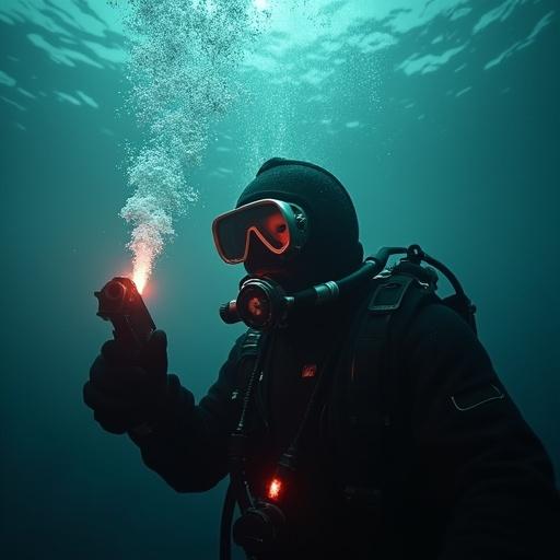 POV of diver with flare gun underwater. Camera shake effect. Fear shown on mask. Horror survival tone. Cinematic underwater lighting. Steampunk design.