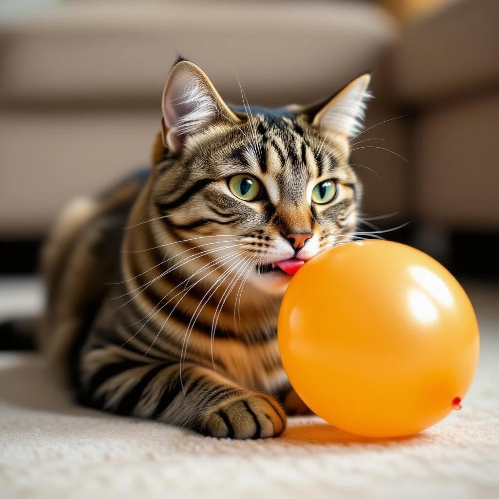 Cat interacts with an orange balloon. Cat is laying on carpet with tongue out. Soft focus background showing indoor setting.