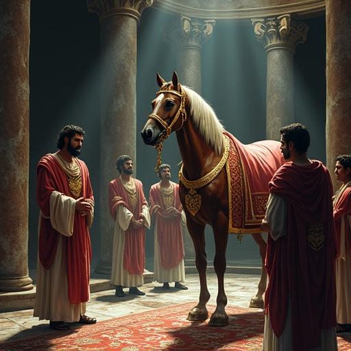 A lavish stable belonging to Incitatus, a horse favored by Caligula. The horse wears a richly embroidered blanket and an ivory collar. The stable features a polished ivory manger and golden chains. Servants display reverence while tending to the horse. Dim lighting with beams highlighting the extravagant details.