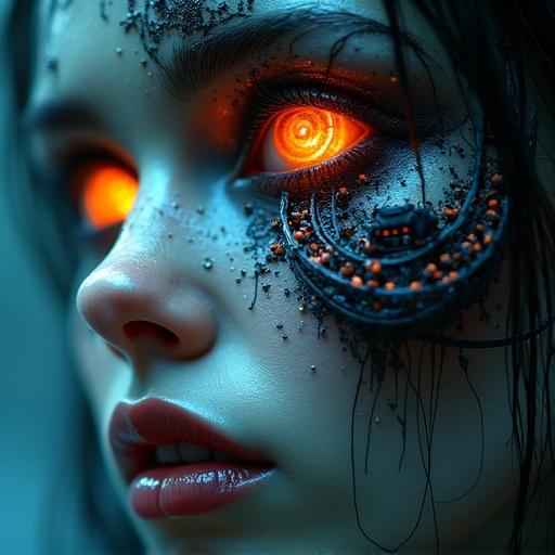 Extreme intricate details with a hyperrealistic surreal portrait of a woman featuring glowing orange eyes and cold cyan lighting. An extreme close-up shows her wet skin texture and a black rose with a glowing center on her temple. A miniature roller coaster spirals around her eye socket diving into her cheek and looping over her nose. Tiny glowing carts with passengers ride the roller coaster. The art showcases cyber-gothic style with splattered black ink and spiral tattoos on the skin. Photoreal textures are captured at 8K resolution with sharp focus and a dark fantasy atmosphere.
