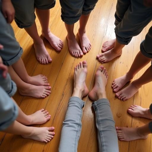 Birdview photo of smiling barefoot classmates comparing foot sizes on a reflective wooden floor. One classmate lays on the floor counting toes.