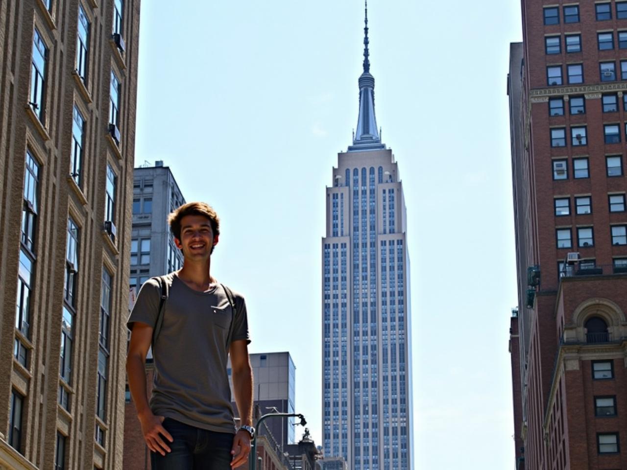 The image features a person standing in front of a well-known landmark, the Empire State Building. The background showcases the iconic skyscraper prominently, with its distinctive Art Deco architecture. Surrounding the building, the urban landscape features other buildings and a clear sky, indicating a sunny day. The person is casually dressed, contributing to a relaxed atmosphere. This setting captures a moment in a vibrant city, suggesting the excitement of city life.