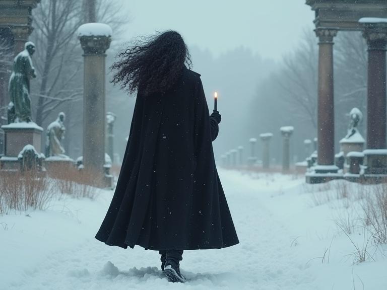 Tall man with long dark curly hair. He wears a black coat and cape. Walking away with a candle. Snow covers classical garden ruins. Wind blows his hair and coat. Empty, lonely scene.