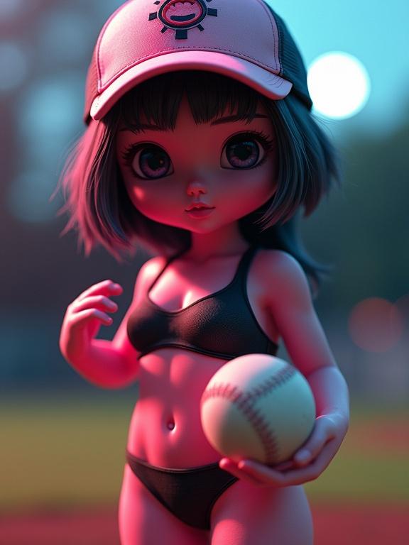 Intricate details in a sports-themed portrait. A chibi figure with bright neon pink skin wears a baseball cap and holds a baseball. High level of detail in a photorealistic style. Dramatic lighting effects create a vibrant atmosphere.