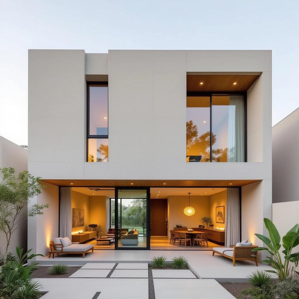 Minimalist townhouse with organic design. Large vertical windows provided for air and light. Seamless indoor and outdoor spaces created. Incorporates Japandi and African elements in the style.
