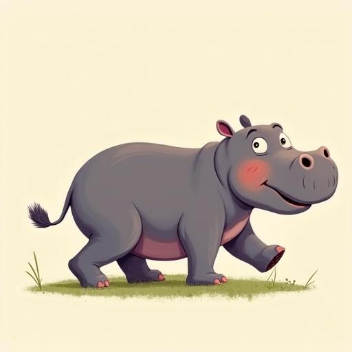 A cartoon hippo walking happily along a grassy area. The hippo has a cheerful expression and a playful demeanor. The style is reminiscent of henti drawings.