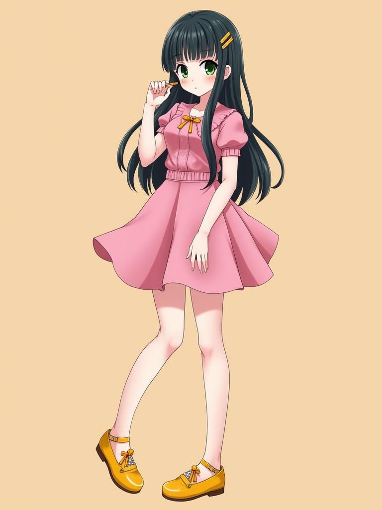 Anime character designed as a 16-year-old girl. She has straight black hair that is long. She is wearing a pink dress with an orange hair clip. Her shoes are yellow. The character's height is 172 cm, weight 52 kg. She has green eyes and pale skin with thin orange lipstick.