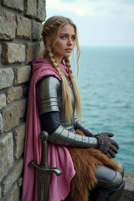 Young woman with long blonde hair in two braids. She wears female medieval armor with a bear fur skirt. She sits on battlements of a medieval tower. Below her is a sword and knight's shield. She gazes at the sea.