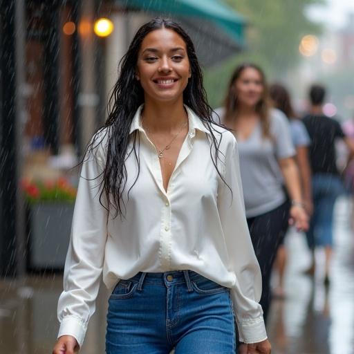 Full-body color photo of women drenched in rain. Friends throw water buckets at each other. Wearing white button-down satin silk shirts and blue leggings. Completely soaked. Smiling. High-definition photo on the sidewalk.