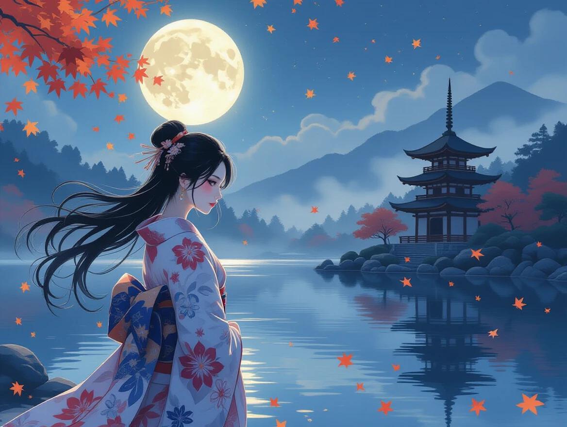 Ethereal Japanese woman with flowing black hair stands by a serene lake under a glowing full moon. She wears a traditional kimono with watercolor textures. Soft autumn leaves fall around her. Wistful expression on her pale skin with subtle blush. Distant pagodas in mist. Cinematic composition with golden hour lighting and reflective water. Fantasy atmosphere with delicate floral foreground.