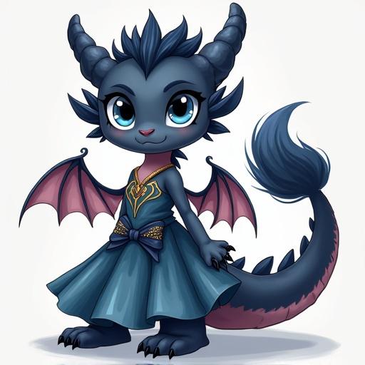 A girl with dragons features stands confidently. The character has furry legs and arms. She wears an elegant dress that fits her fantasy style. The character has distinct black hair and blue eyes. The dragon-like wings are prominent. The design reflects a playful and cute style.