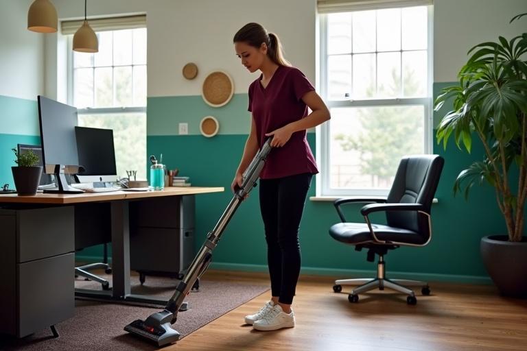 A woman is vacuuming a wood floor in an office environment. She wears a maroon scrub top and black leggings. The office has teal walls and a desk with a computer. There's a potted monstera plant in the background.