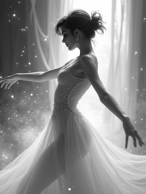 Elegant black and white illustration features graceful female figure with tousled pixie cut in mid-dance. Ethereal light and sparkling details emphasize fluid motion. Background swirls with mist and starlight. Soft, diffused light creates magical atmosphere. Selective coloring highlights delicate outline against monochrome canvas.