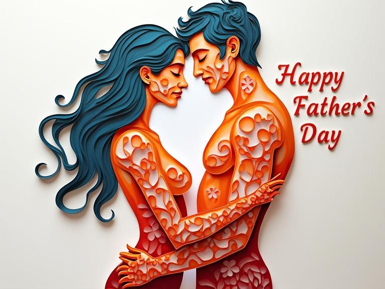 Digital artwork of a couple embracing. Mother with long wavy hair cuddling her husband's naked body. Intricate cutout designs create a silhouette. Multilayer paper art style with high contrast. Complementary colors used.