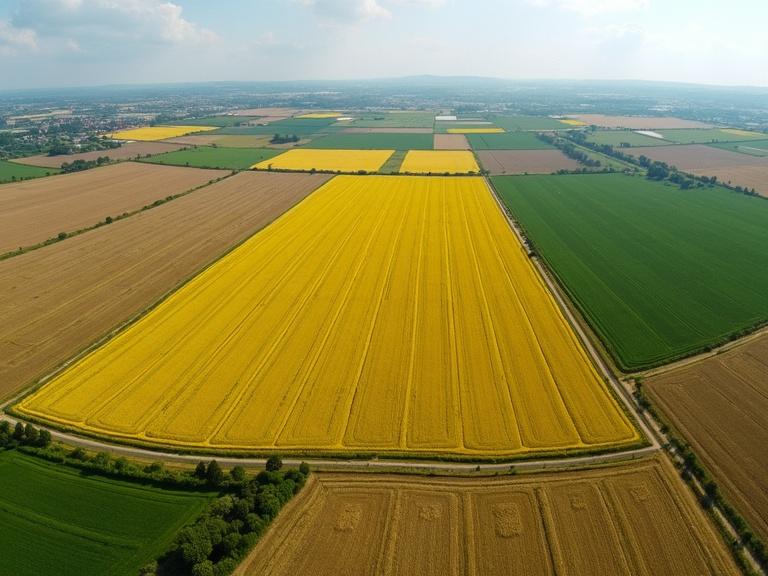 Aerial view over colorful agricultural fields during harvest season. Green yellow and brown fields create geometric patterns. Abstract tapestry appears from above.