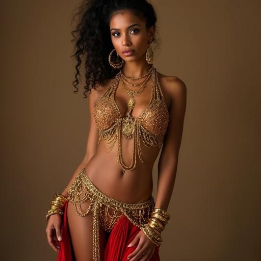 A young adult female performs belly dance. She wears a red costume with golden chains. The dancer has a high ponytail and slim, toned body. She looks directly at the viewer with brown eyes. The waist is narrow and hips are wide.