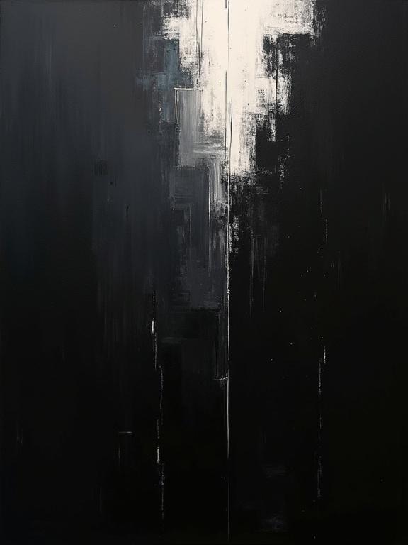 Digital oil painting with a black background. Includes harsh paint strokes. Features absurdist and unfinished artistic elements. Contains flat colors with unique silhouette design. Minimalist style showcases formless shifting voids of color. Shadows combine with cubist white noise.