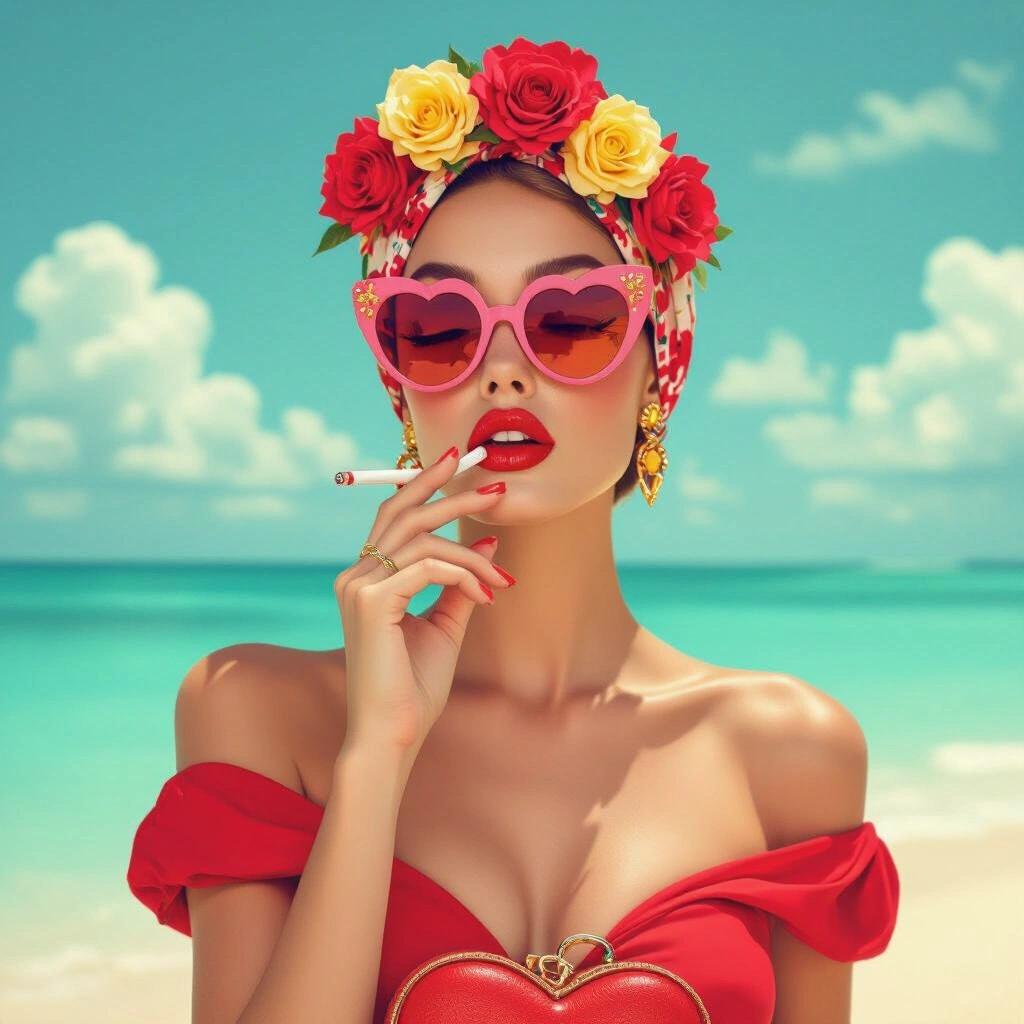 Stylized retro fashion editorial scene on tropical beach. Confident woman wears red floral headscarf pink shutter sunglasses decorated with miniature yellow roses vivid red off-shoulder swimsuit. Holds large red designer bag shaped like heart. Background is pastel and hazy evokes 60s vintage summer vibes. Cinematic lighting vibrant color grading editorial aesthetic ultra detailed