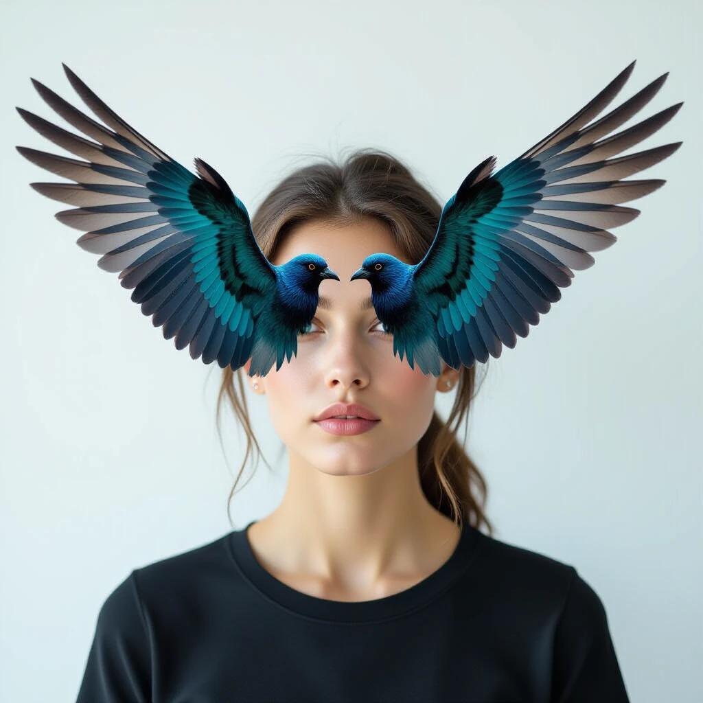 Creative portrait of a person with bird wings replacing hair. Double exposure effect showcasing vibrant, spread wings. Unique artistic representation.
