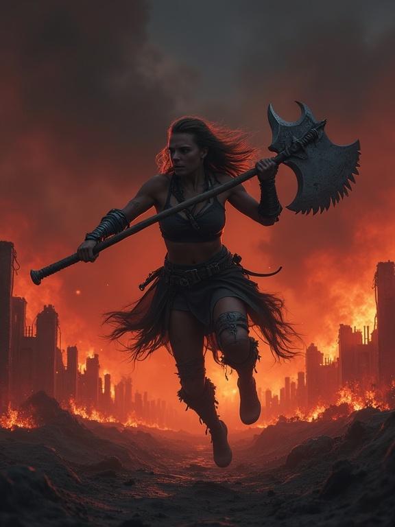 Dynamic action shot of a barbarian woman mid-swing with a massive jagged axe. She leaps dramatically wearing dark ripped garments and metal bracers. Her expression shows pure rage. The backdrop features a burning village at night with charred structures and intense flames.