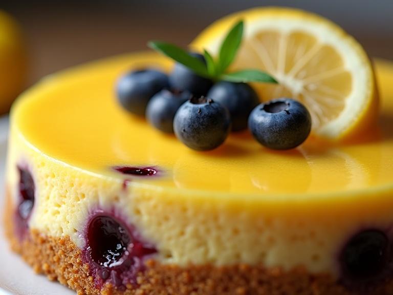 Photorealistic image of a lemon blueberry cheesecake. The cheesecake has a smooth yellow surface with blueberries and lemon slices on top. The scene is captured in high definition with sharp focus, showcasing the cheesecake's texture and appeal. The lighting is cinematic and highlights the dessert's features. A close-up high angle shot convinces viewers of its deliciousness.