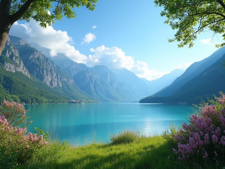 Scenic view of a turquoise lake surrounded by majestic mountains. Clear blue sky with fluffy clouds. Rugged mountains partially obscured by haze. Lush grass with pink flowers near the lake. Framed by tree branches in the foreground. Atmosphere is tranquil and harmonious.