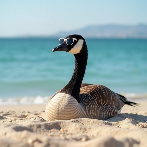 Canadian goose with sunglasses. Relaxing on sandy beach. Calm ocean in background. Bright sun. Relaxed vibe.