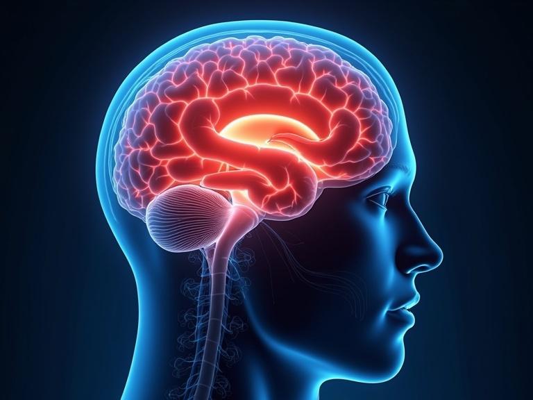 Image showing the human brain with emphasis on prefrontal cortex. Profile view with highlighted areas. Visual representation of brain anatomy for educational purposes.