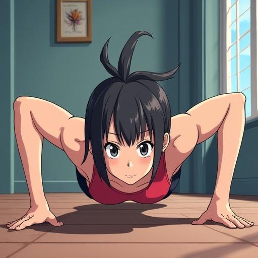 Anime character doing push-ups in a room with a wooden floor and a blue wall. Natural light coming from a window. Character has long black hair and is determined while exercising.