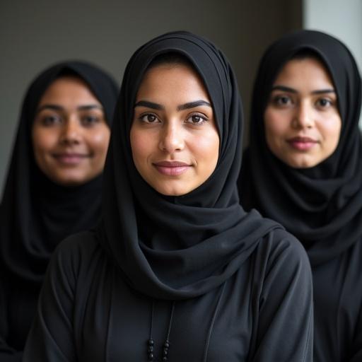 Several teachers in black hijabs. All are female with dark skin and thick eyebrows.