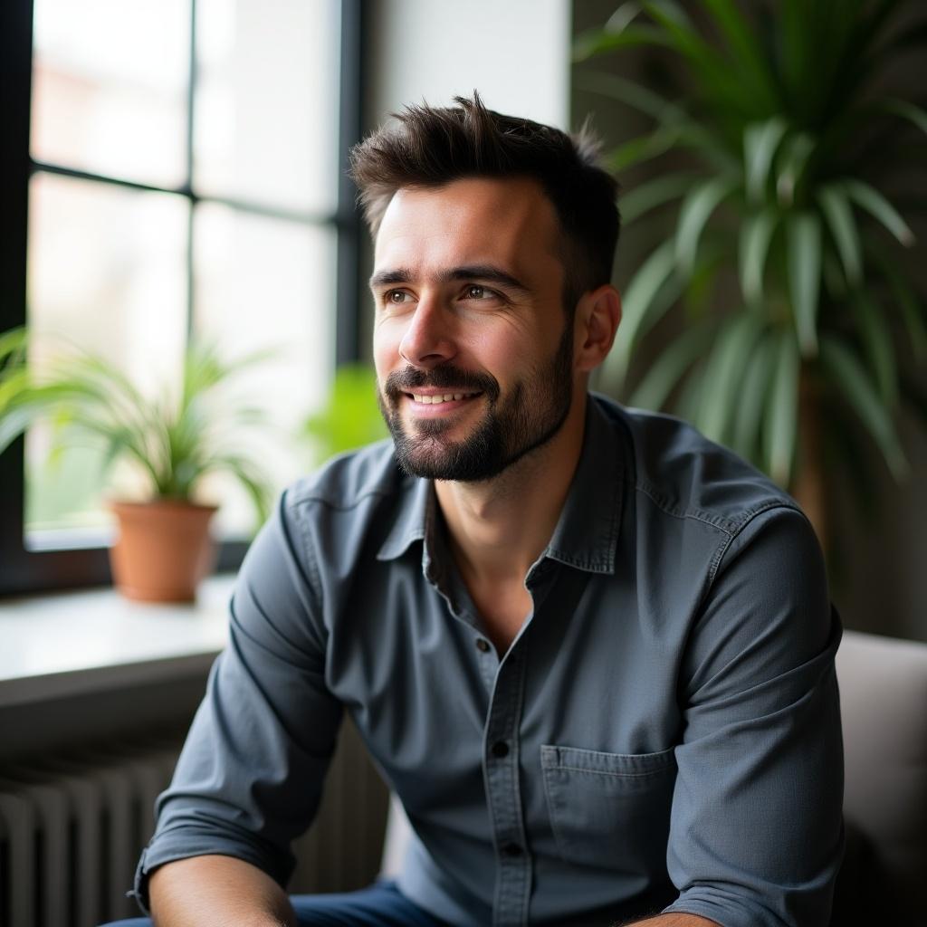 Person sitting indoors by the window with plants. Casual attire in a modern setting. Soft natural light creates an inviting atmosphere.