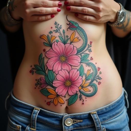 Tattoo features colorful flowers and a snake on a bare stomach. Pink flowers surround a snake with a head. The snake's tongue points at a clitoria ternatea flower under the navel. The tattoo extends from the hips to just below the navel.