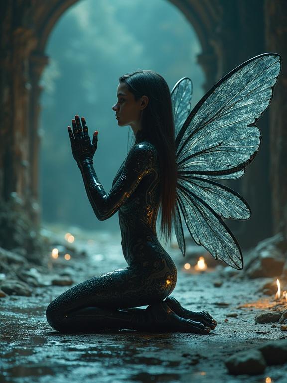 Cyber-priestess kneeling beside AI altar. Her skin features alien text. Wings fold behind her back. She appears surprised, hands in prayer position. Dark sci-fi atmosphere with dramatic lighting.