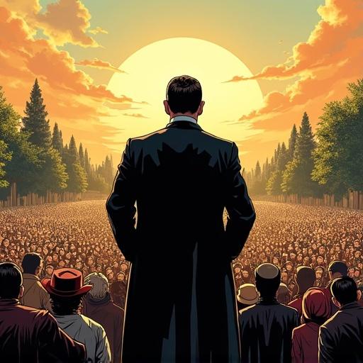 Politician standing with back to camera facing large crowd during sunset in a western comic book style.