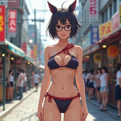 A character inspired by anime culture stands in a busy urban street. The woman wears a bikini and hot pants with black hair and glasses. She has playful cat-like ears. The background features people walking and casual street shops.