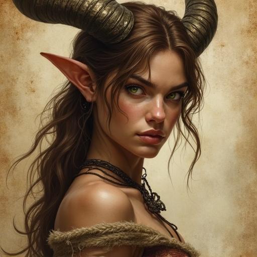 Portrait of a faun woman featuring satyr characteristics. She has horns, long brown hair, and striking green eyes. The character is depicted as a rugged fighter, with a background that subtly fades into worn parchment paper. The artwork is styled after Antonio J. Manzanedo, capturing a fantasy and semi-realistic essence in an epic medieval theme.