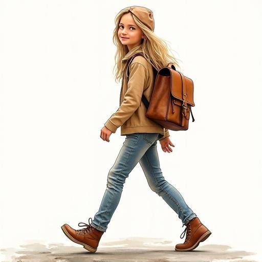 Image of a young girl with long blond hair walking sideways. She carries a leather purse backpack and wears a casual outfit. The image shows a side profile of her in motion.